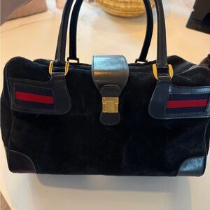 Gucci Navy Suede Satchel with Red and Navy Web Stripes.